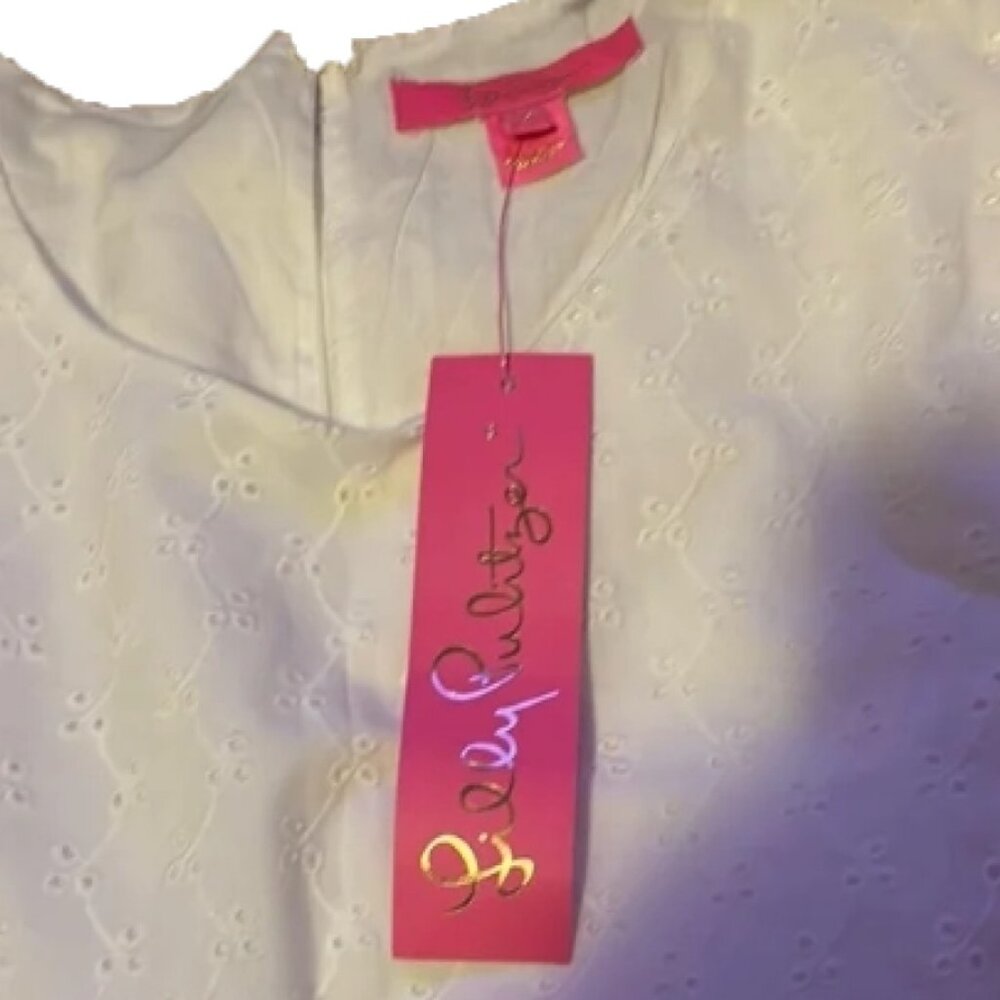 Lilly Pulitzer White Ditsy Vine Eyelet Short Puff Sleeved XL Blouse 🆕📦⌚🏃💨⚡🚚 - Picture 6 of 16